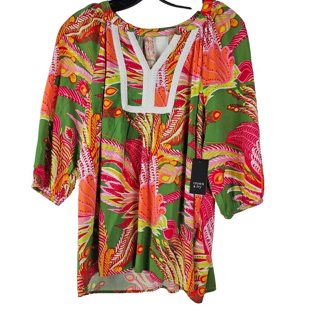 NWT Crown & Ivy Frida's Garden Peasant Top Boho Tropical Green Orange XS